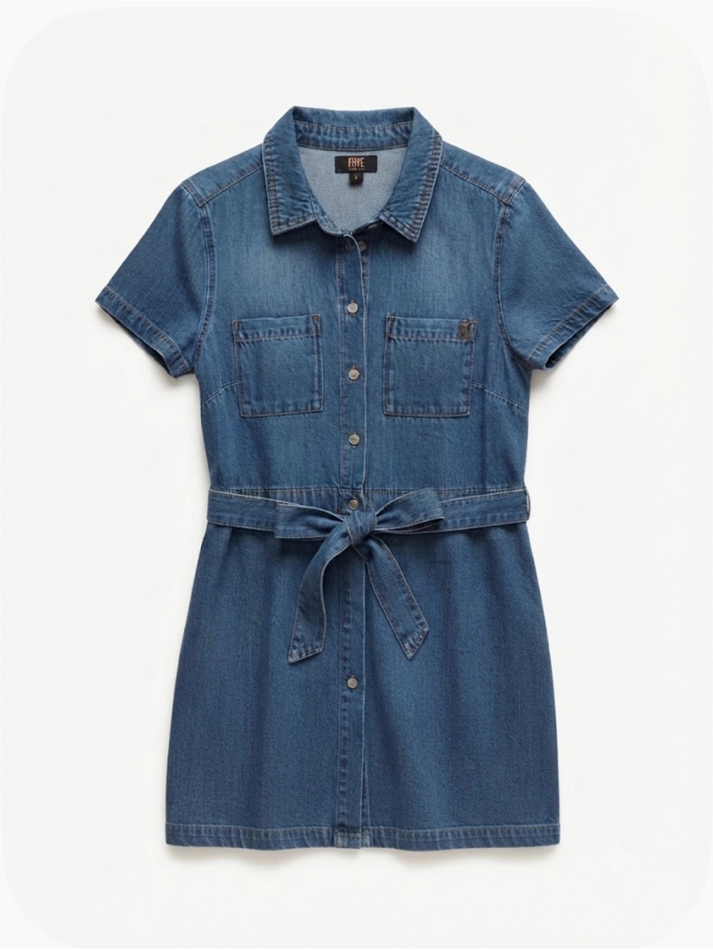 Frye Blue Short-Sleeve Denim Midi Dress with Tie Waist